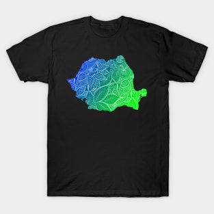 Colorful mandala art map of Romania with text in blue and green T-Shirt